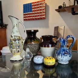 Mixed Lot Of Vintage Small Decorative Painted Stoneware Pitchers, Jugs, And Salt And Pepper Shakers (UP)
