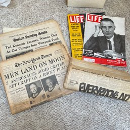 Vintage Newspapers And Life Magazines, Including Moon Launch (Mud Room)