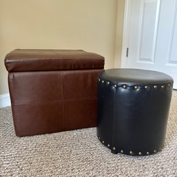 Vinyl Brown Storage Ottoman Plus Cylindrical Black Vinyl Ottoman, As Is (BR2)