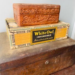 3 Vintage Boxes: Carved Wood Box, Humidor & Cigar Box (Pod)