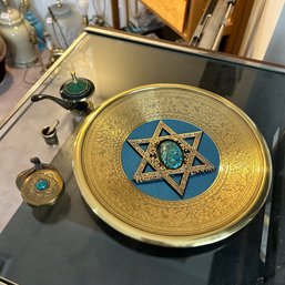 Mixed Lot Of Vintage Brass Israel Items, Star Of David Plate, Decorative Salt Cellars, Blue Jewel Accents (UP)