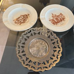 Mixed Lot Of 2 Jahann Haviland Bavaria Ceramic Ashtrays And Decorative Punched Metal Small Tray (UP)