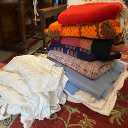 Large Lot Of Blankets! 4 White Chair Covers, Orange & Plum Colored Crocheted Blankets & More! (Bsmt)