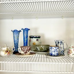 Assorted Vintage Teacups And Blown Glass Vases, Etc (DR)