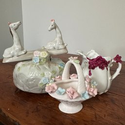 Decorative Items Including Giraffe Music Box, Small Pitcher, And Porcelain Basket With Florals (KH)