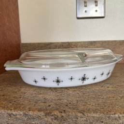 Vintage PYREX White & Black Compass Divided Dish With Lid (Kitchen)