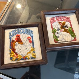 Pair Of Gorgeous Vintage Mini Embroidered Wall Hangings, Wooden Framed French Embroidered Chickens & Rabbits