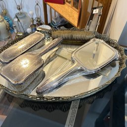 Gorgeous Vintage Silver Plated Mirrored Tray With Grooming Accessories, Mirror, Hairbrushes, Comb (UP)