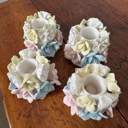 Perfect For Easter Table! Four Vintage Porcelain Floral Candle Holders - See Description(KH)