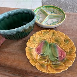 Trio Of Vintage Ceramic Pieces HULL Green Pottery Bowl (DR)