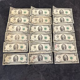 Eighteen Circulated Two-Dollar Bills (IS)