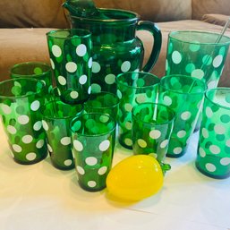 Vintage Set Of Forest Green Glass With White Dots Pitcher, Mixing Glass & Drinking Glasse (EF - LR2)