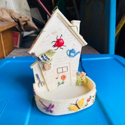 Super Cute Ceramic House Themed Match Holder / Decor With Birds, Bugs & Butterflies! (Pod)