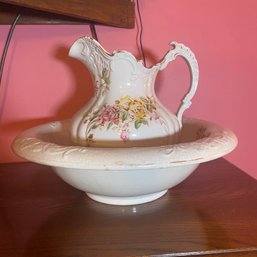 Large Porcelain 'June Rose' Pitcher & Basin By Empire Trenton (MB)