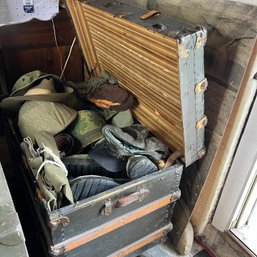Vintage Trunk FULL Of Military Hats, Shoes, Accessories And Gear (basement Entry)