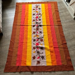 Beautiful Vintage Red, Orange, & Brown Afghan Blanket With Leaves (KH)