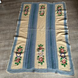 Beautiful Vintage Handmade Afghan Blanket, Blue & Cream With Roses - See Description (KH)
