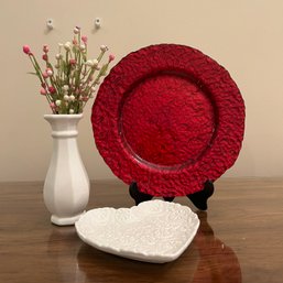 Home Decor Lot: Red Plate, White Vase & Dish (Entry)