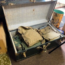 Vintage Trunk With Military Apparel - See Notes (basement Entry)