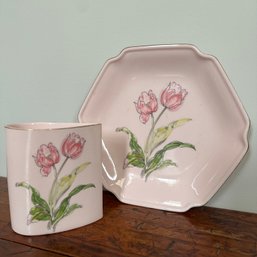 Pretty Pale Pink Japanese Tulip Plate And Small Vase (KH)