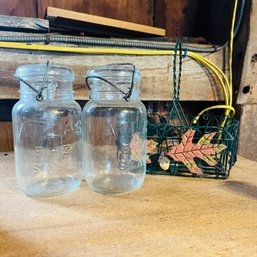 Pair Of Canning Jars And Decorative Metal Basket (Barn)