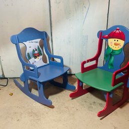 Pair Of Adorable Painted Wood Child's Rocking Chairs With Christmas Theme (*62351*) - BSMT