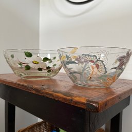 Pair Of Painted Glass Bowls With Flowers And Butterflies (KH)