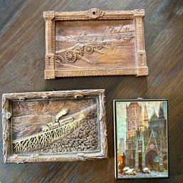 Trio Of Small Wooden Art Plaques: COG RAILWAY, TICONDEROGA, NOTRE DAME (b1)