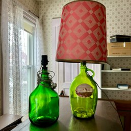 Pair Of Vintage Green Glass Lamps With Stunning Pink Lampshade (b1)