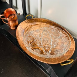 Copper Tone Tray And Cups With Crystal Platter (Pod)