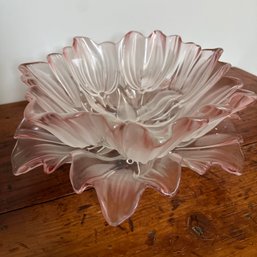 Pair Of Vintage Pink Tulip Frosted Glass Dishes, Platter And Large Bowl (KH)