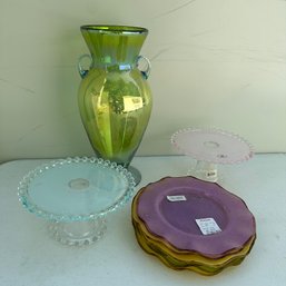 Colored Glass Lot Including Plates, Cake Stands, And Vase