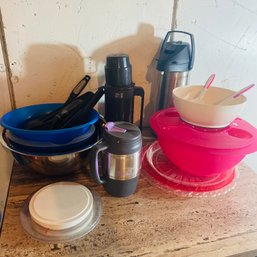 Kitchen Lot With Bowls, Utensils, Coffee Travel Mugs (*62355*) - BSMT