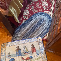 Mixed Lot Of 3 Small Rugs: Blue Braided, Nautical Themed & Red Floral Rugs (MB)
