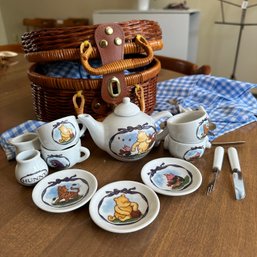 Adorable Vintage Disney Winnie The Pooh Picnic Basket With Tea Set, Utensils, Napkins, & More (DR)