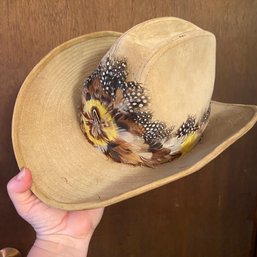 Yee Haw! Vintage YA Western, Medium Size 7-7 1/8 Cowboy Hat With Colorful Feathers (MB)