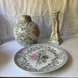 Three Beautiful Oriented Style Pieces, Urn, Candle Holder & Plate (BM)