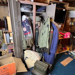 Steel Cabinet Filled With Military Apparel, Accessories And Other Items (Basement - Mid Back)