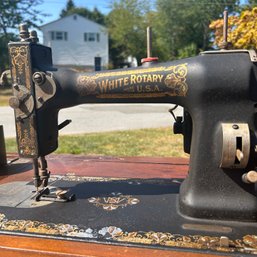 Antique WHITE ROTARY Sewing Machine In Cabinet With Accessories - See Pics For Everything Included! (DC)