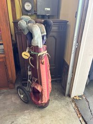 Vintage Red Professional Golf Bag And Rolling Caddy Including Clubs And All In Bag (Garage) Worn