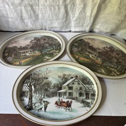 Trio Of Vintage Currier & Ives Trays  2 Spring 1 Winter(BM)