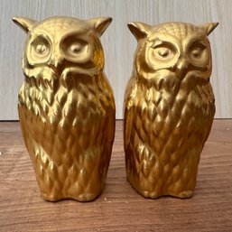 Pair Of Gold Painted Ceramic Owls (OA)