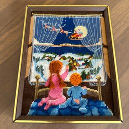 'There Goes Santa' By Sunset Designs, 1980 Vintage Framed Cross Stitch (DR)