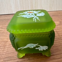 Vintage Green Lidded Glass Dish With Painted Flowers (OA)