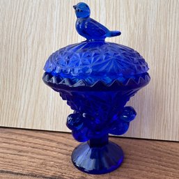 Vintage Blue Lidded Candy Dish With Bird (OA)