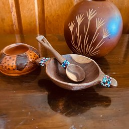 Wood Hand Crafted, Small Bowl, Spoon & Candle Holder  (front Door Entry)