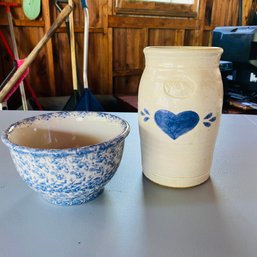 Pretty Blue & White Ceramic Bowl And Vase (Garage)