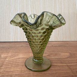 Vintage Fenton Ruffle Edge Hobnail Green Glass Vase (OA)