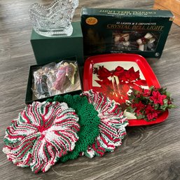 Assorted Vintage Christmas Including Crystal Sleigh, Poinsettia Tray, & More (Porch)