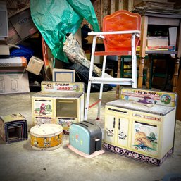 Vintage Children's Play Kitchen Inc 1950s Red Metal Doll High Chair, Little Bo Peep Oven & Sink (GarageMB20)